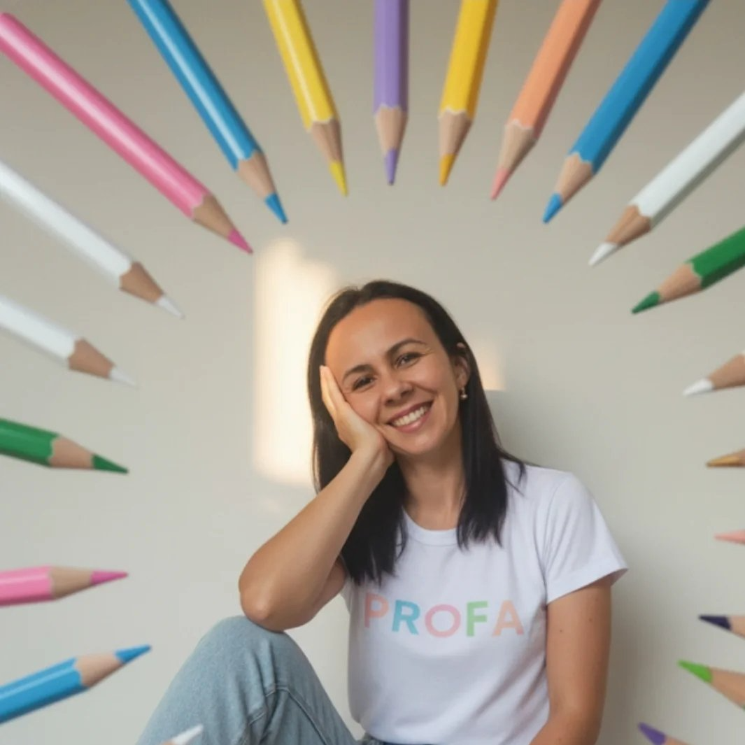 Professora Andreia Granado sorrindo, rodeada de lápis de cor